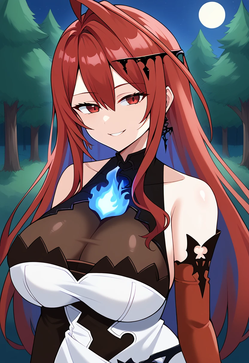 1girl, solo, elizabeth rose bloodflame, hololive english,
long hair, red hair, red eyes, multicolored hair, large breasts, dress, seductive smile, ahoge, blue fire, elbow gloves, 
night, forest, upper body,
score_9, score_8_up, score_7_up,
<lora:erb-pony:1>