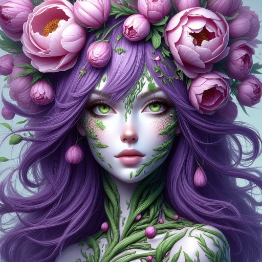 flowerdruids, peony, green eyes, long purple hair, portrait, concept art