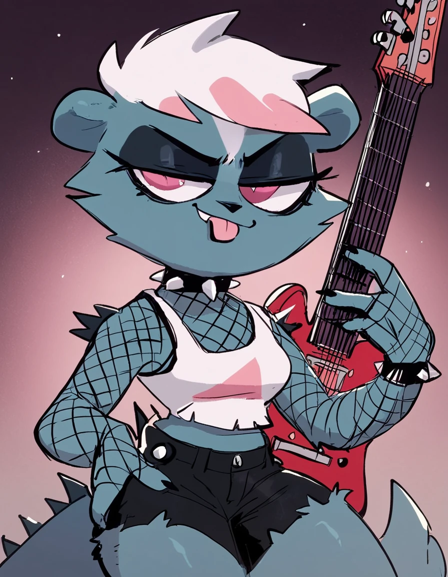 score_9, score_8_up, score_8,
 <lora:Rinor_Cult_of_the_lamb_for_PonyXL:0.8> pink eyes, furry female, 1girl, white hair, r1n0r, solo
fishnets, black shorts, tank top, spikes, choker, goth, guitar, tongue out, smug,