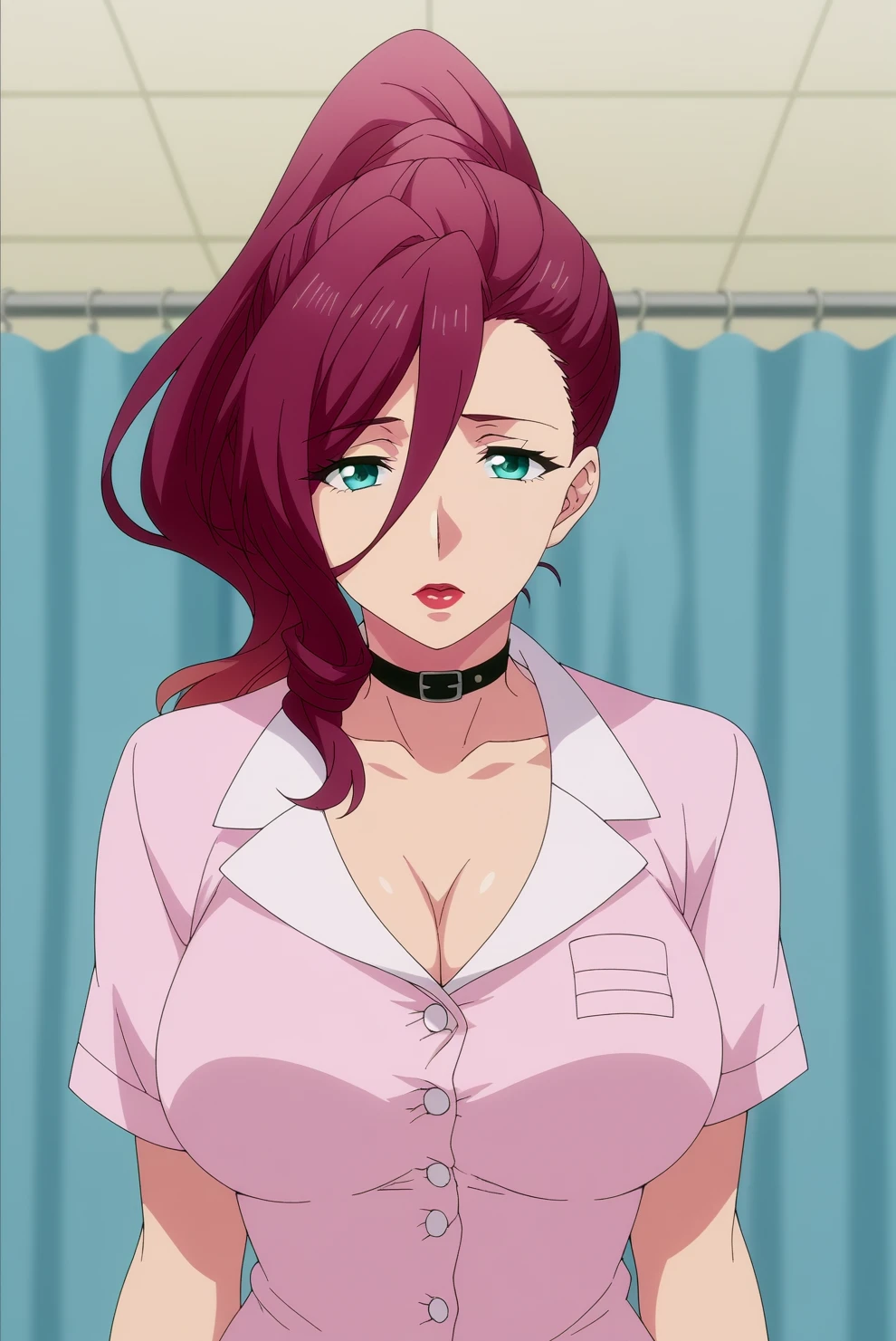 score_9, score_8_up, score_7_up, score_6_up, score_5_up, score_4_up, source_anime,anime screencap BREAK anime coloring,mature,akane ryuzoji,1girl,solo,long hair,ponytail,large breasts,choker,cleavage,lipstick,lips,pink nurse outfit,pink stockings, upperbody,hospital,screen <lora:Akane Ryuzoji - PDXL.safetensors:0.8>