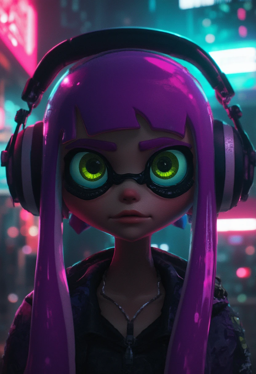 A close-up of a dark-skinned inkling, green eyes, purple hair, headphones, sunglasses, in cyberpunk city, at night