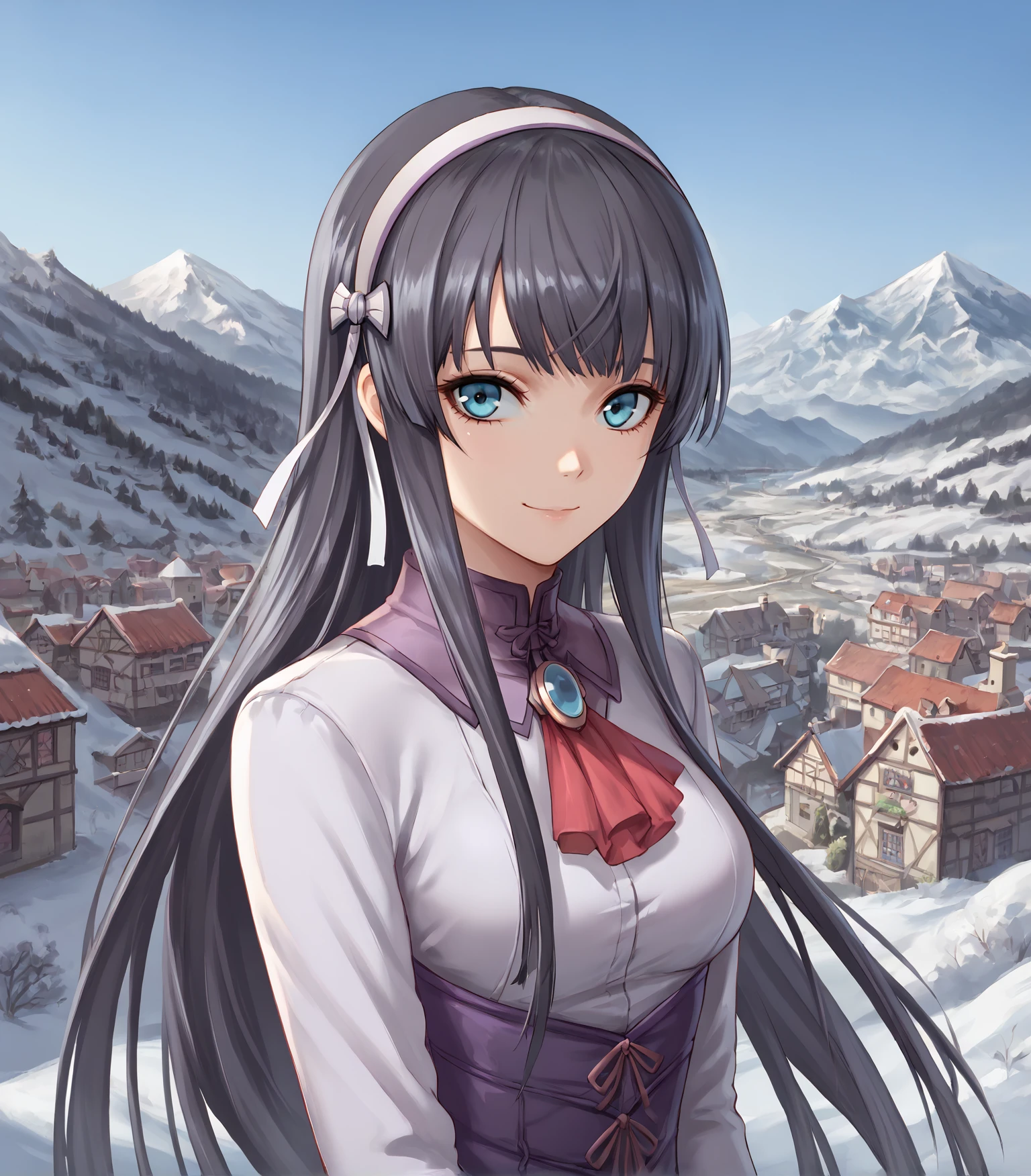 score_9, score_8_up, score_7_up,
1girl, solo, <lora:EliseSchwarzerCS1:0.9>, Elise Schwarzer, blue eyes, long hair, black hair, hairband, medium breasts, dress, purple corset, skirt, black pantyhose, white shoes,
outdoors, distant mountains, winter, village,
looking at viewer, upper body, portrait, smile,
<lora:LDART_style_pony_v3:0.7>,, <lora:Racoonkun_Artist_Style:0.4>, racoonsan,,