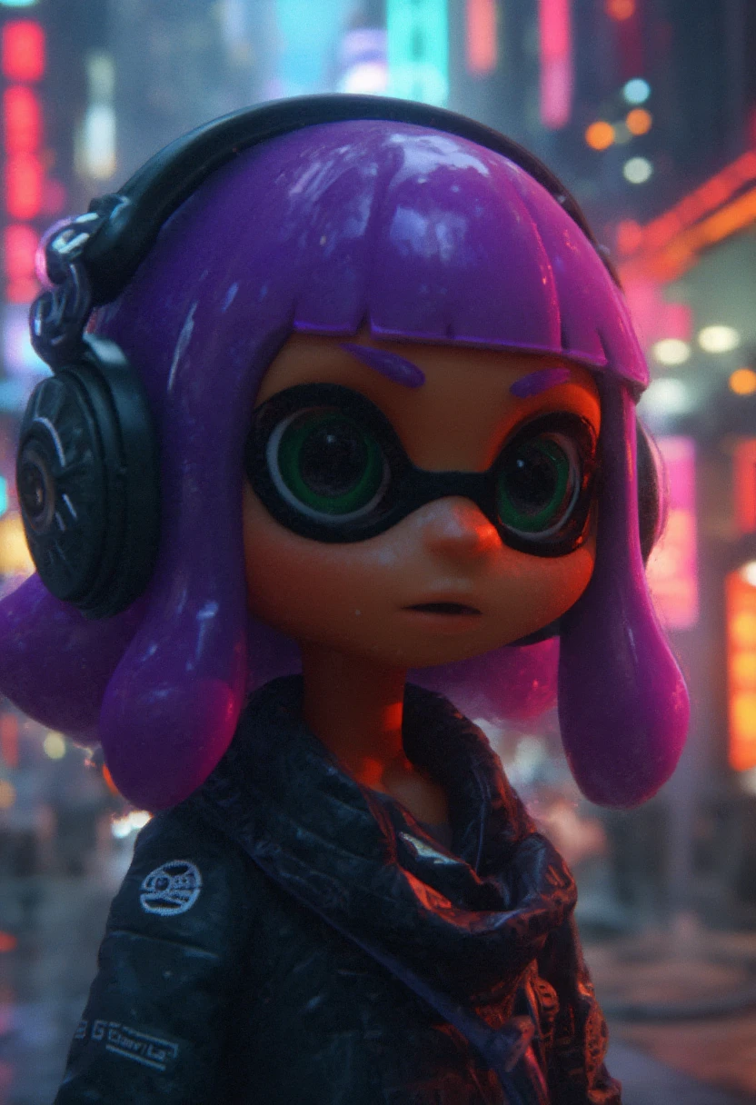 A close-up of a dark-skinned inkling, green eyes, purple hair, headphones, sunglasses, in cyberpunk city, at night