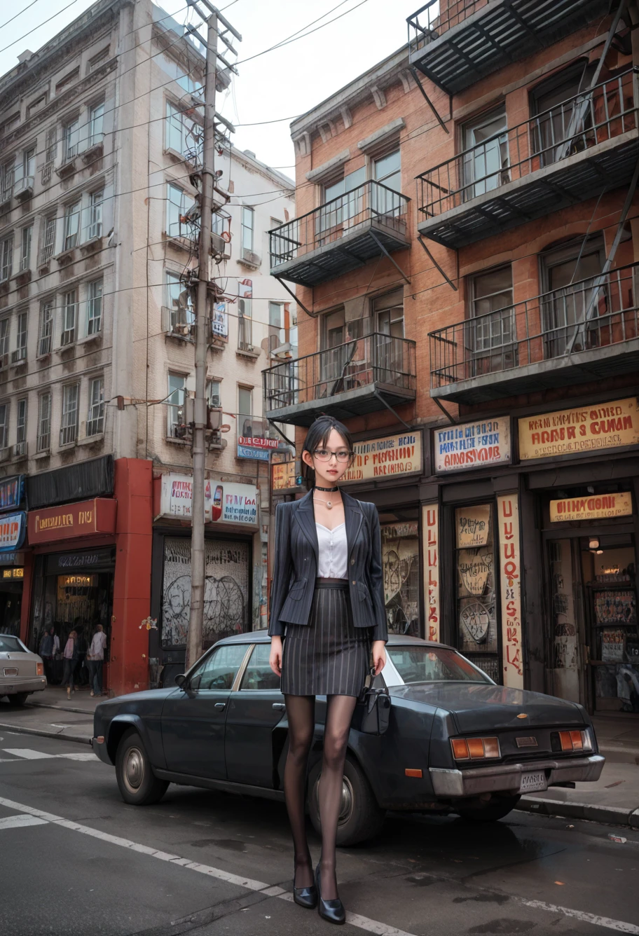 ,ruanyi0877,street,outdoors,building,car,
,ruanyi0856,striped jacket,choker,black pantyhose,striped skirt,glasses,black skirt,pinstripe pattern,cowboy shot,<lora:0877 street car_v1_pony:0.8>,<lora:0856 OL professional suit skirt 1_v1_pony:0.7>, score_9,score_8_up,score_7_up,,8k,1girl,solo,,