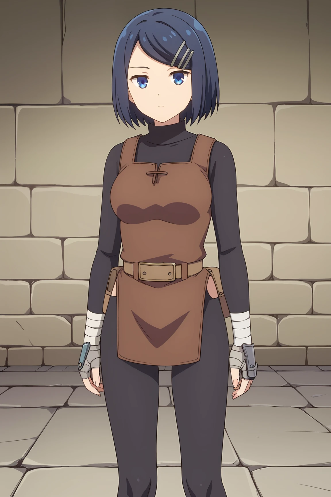 score_9, score_7_up, source_anime, <lora:clay-pony:0.8> clay_wz, short hair, blue hair, blue eyes, hair ornament, hairclip, breasts, fingerless gloves, grey gloves, bandages, long sleeves, black bodysuit, long sleeves,  thigh pouch, dagger, arm at side, bandaged arm, bandaged hand,  turtleneck, brown belt, pinafore dress, standing, looking at viewer, indoors, expressionless, stone floor, stone wall, anime coloring
