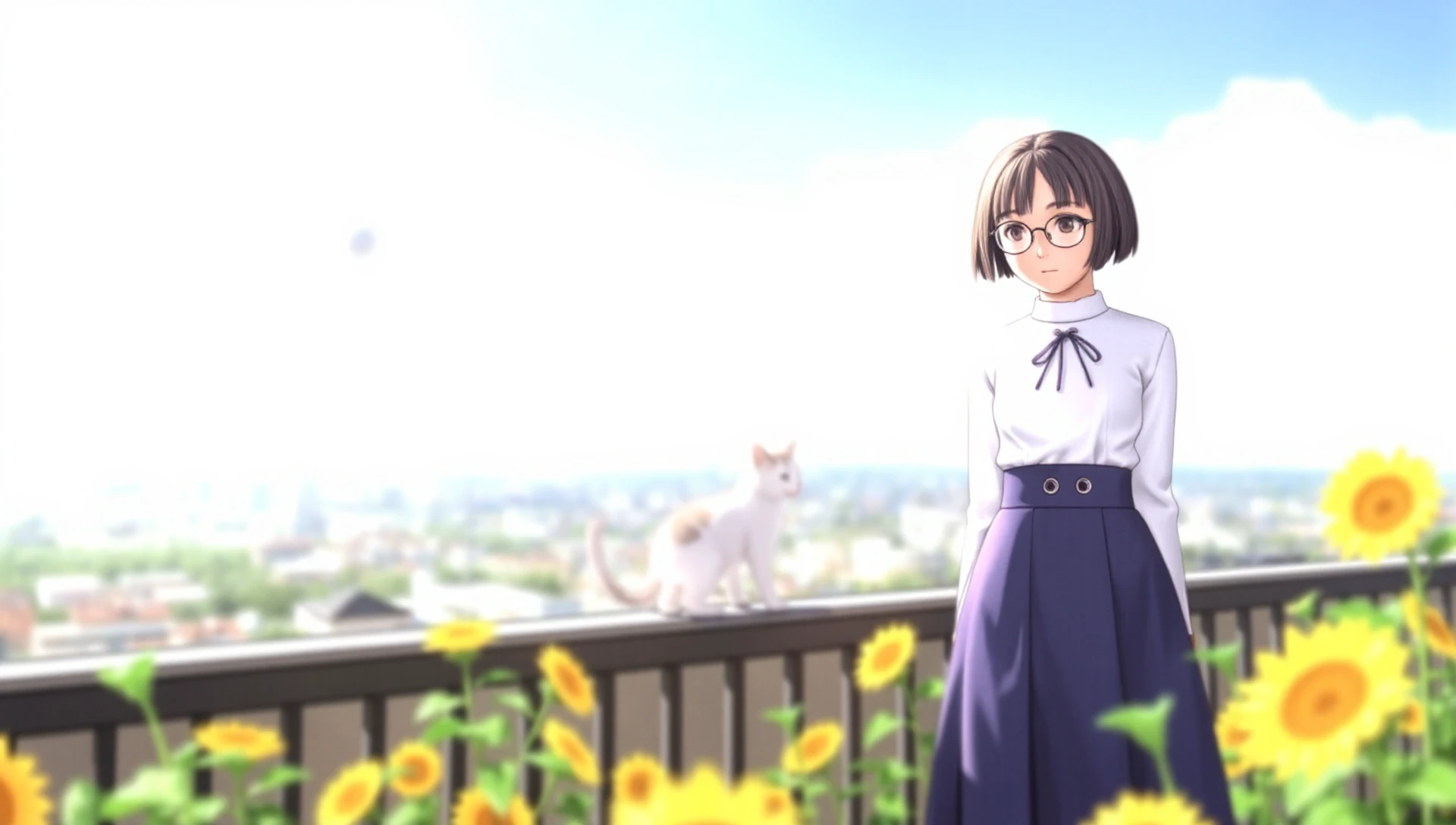 range_murata,

1girl, black hair, blouse, blue sky, blurry, bokeh, cat, cityscape, day, depth of field, flower, glasses, high-waist skirt, long hair, long skirt, long sleeves, outdoors, planet, railing, round glasses, saturn, short hair, skirt, sky, solo, standing, sunflower, sunlight, white blouse, white cat