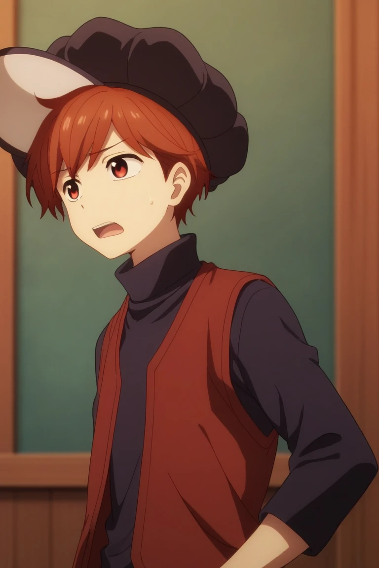 score_9, score_8_up, score_7_up, score_6_up, masterpiece, best quality, amazing quality, best aesthetic, absurdres, intricate details, near, red hair, red eyes, black hat, black shirt, red vest, 1boy, solo, male focus, open mouth, hat, sweatdrop, turtleneck, vest, upper body, short hair<lora:EMS-462666-EMS:1.000000>