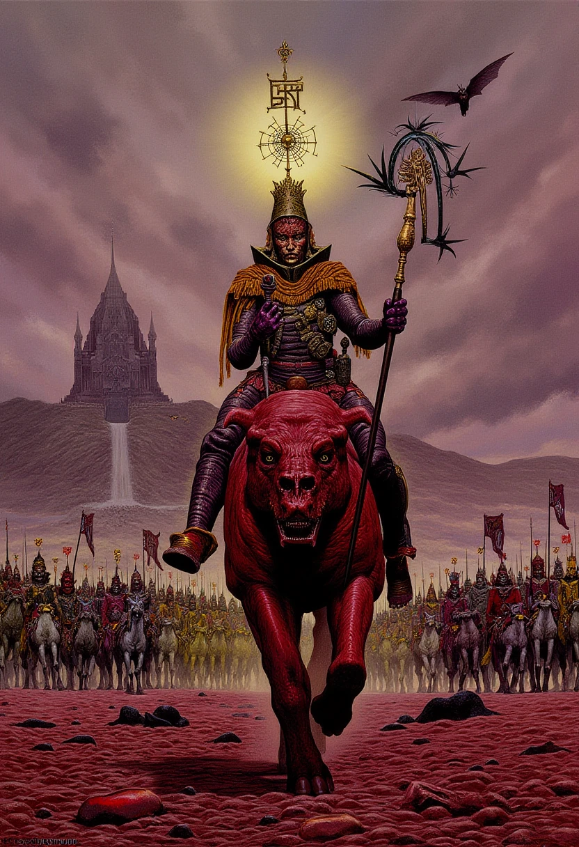 A highly detailed fantastical picture of a demon lord leading a demon army across the plains of hell. He rides a large hell beast. His royal sigils glow around his head. The army is armed, armored, they carry royal banners. A large hell city is in the distance behind them. Strange creatures fly around the sky.