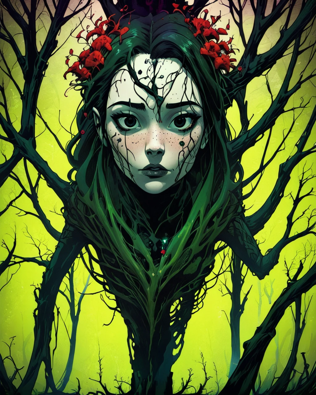 druid, moss over body, body covered with leaves, vine over body, forest, black eyes, dark background, dark theme, looking at viewer, hair leaves,  flowers in hair, very long hair, freckles, 4k, asymmetric, angled view