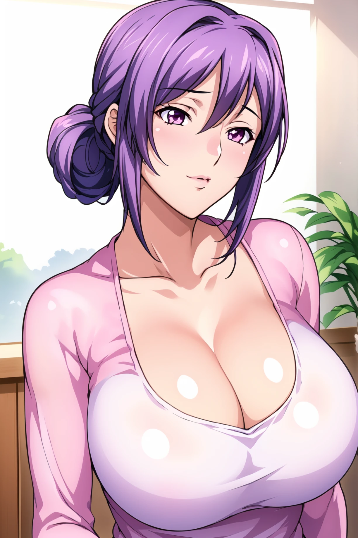 Simple Background,White_Background,
dynamic pose,standing at attention,
(Pink_shirt:1.4), collarbone, cleavage, long sleeves, 
<lora:Kazue_Uehara_SaiminRyoujoku-KK77-V1:0.7>,
Purple eyes, Purple hair,bangs,short hair,Makeup, red lipstick,hair bun,
<lora:more_details:0.1>,<lora:NovelAI_YesMix5_KKStyle-KK77-Yes5-V1:0.3>,<lora:Oda_Non_Style2-KK77-Yes5-V1:0.3>,
1 girl, 20yo,Young female,Beautiful long legs,Beautiful body,
Beautiful Nose,Beautiful character design, perfect eyes, perfect face,expressive eyes,perfect balance,
looking at viewer,(Focus on her face),closed mouth, (innocent_big_eyes:1.0),(Light_Smile:0.3),
official art,extremely detailed CG unity 8k wallpaper, perfect lighting,Colorful, Bright_Front_face_Lighting,White skin,
(masterpiece:1.0),(best_quality:1.0), ultra high res,4K,ultra-detailed,
photography, 8K, HDR, highres, absurdres:1.2, Kodak portra 400, film grain, blurry background, bokeh:1.2, lens flare, (vibrant_color:1.2),professional photograph,
(Beautiful,large_Breasts:1.4), (beautiful_face:1.5),(narrow_waist),