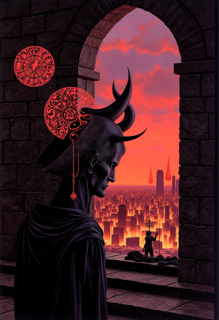 A highly detailed fantastical picture of a demon lord staring out his the tower window, his royal sigils float and glow around his head, out side the window is a vast hell city with row after row of buildings. Souls work to build new structurers.