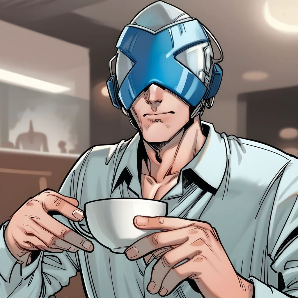 score_9, charles_xavier, helmet, sitting inside a restaurant, he is holding a cup of coffee, he is wearing a white shirt, looking at the viewer, closed mouth, <lora:professor_x:1>