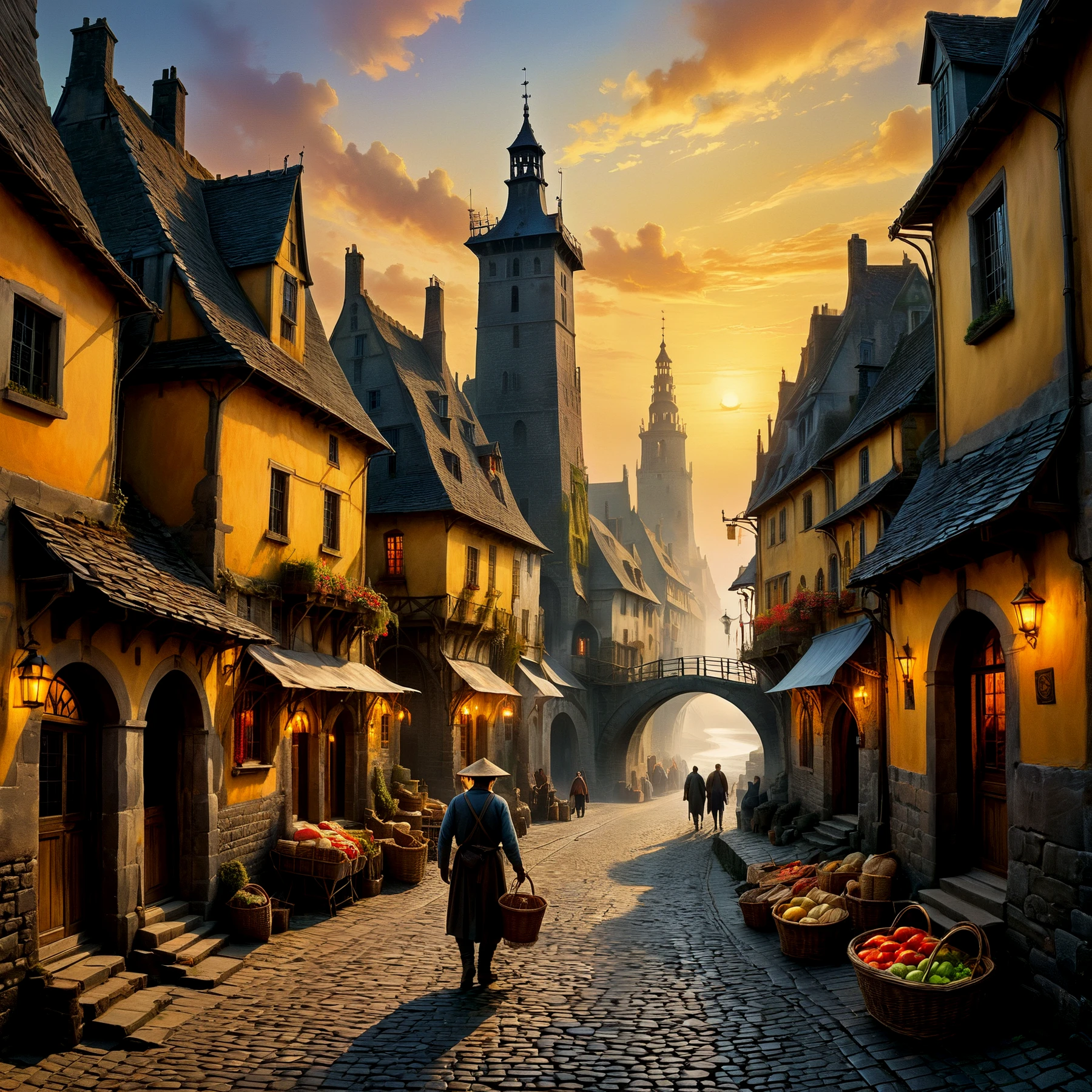 Abstract. Surreal. Vivid.

People working, carrying baskets and goods, along the cobblestone street of an ancient village beside a river. A bridge . A flag on a tower. Sunset.

Atmospheric, moody, rustic.

<lora:CuriousWorld01-03c_CE_SDXL:1.3> crswrldCE