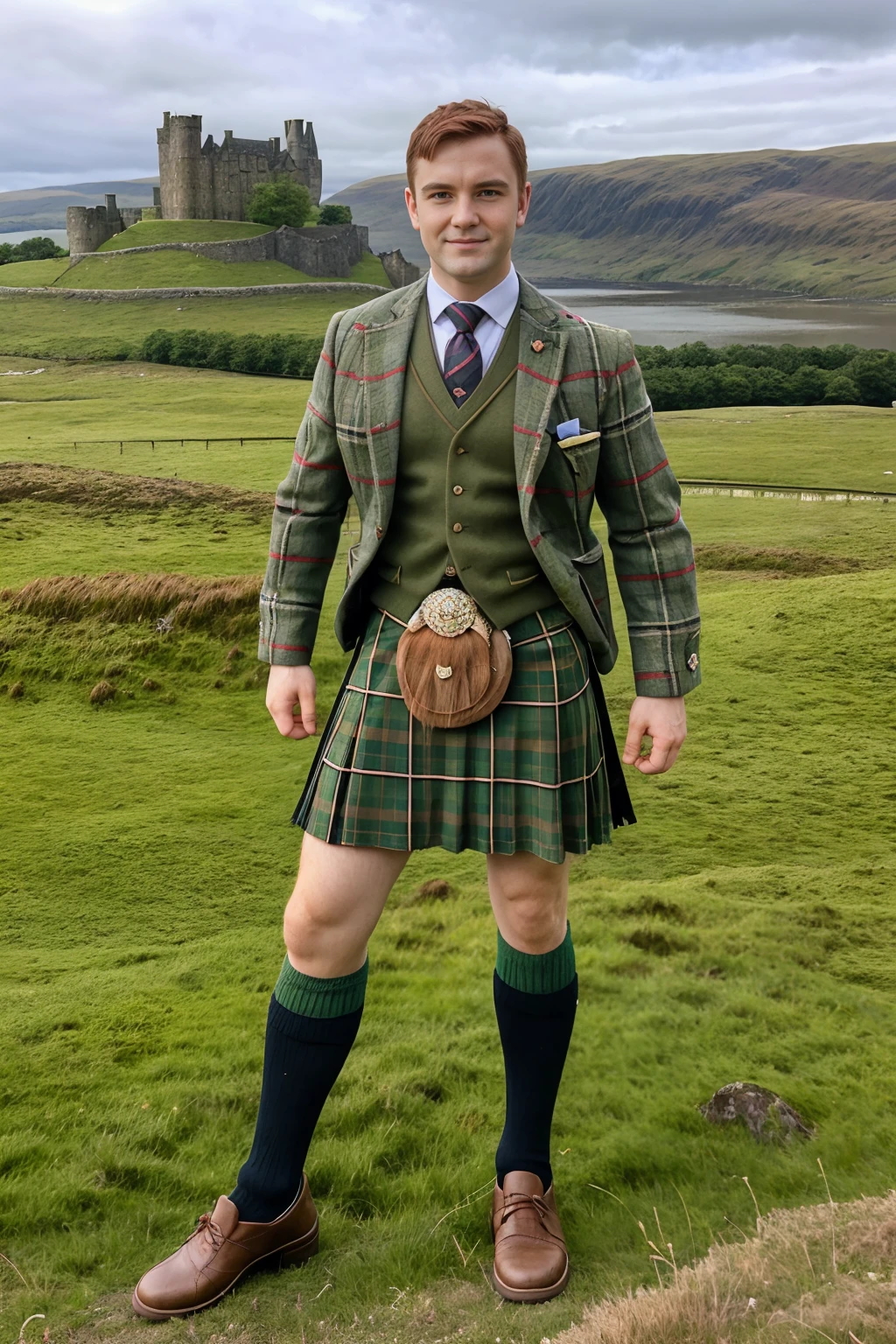 standing on a hill in the Scottish Highlands, stone castle in the background, slight smile, auburn hair, JPDubois is dressed in a green plaid kilt, kilt shirt, sporran, long highland socks, plaid socks, Ghillie shoes, (((full body portrait))), wide angle   <lora:JPDubois:0.8>