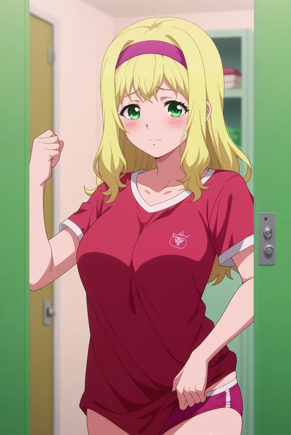 score_9, score_8_up, score_7_up, score_6_up, score_5_up, score_4_up, source_anime,anime screencap BREAK natsu ichijo,1girl,blonde hair,green eyes,solo,closed mouth,blush,long hair,breasts,large breasts, pink hairband,white and red v-neck shirt,red underwear,changing room,indoors,anime coloring <lora:Natsu Ichijo - PDXL.safetensors:0.8>