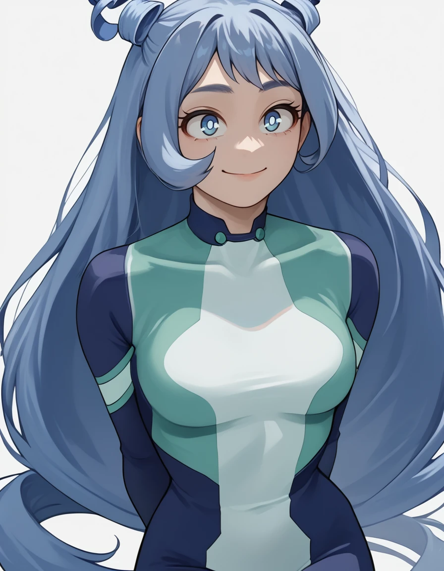 <lora:hadou nejire:1>, hadou nejire, solo, 1girl, smile, nejire hero outfit, long hair, hands behind back, closed mouth, simple background, score_9, score_8_up, score_7_up, source_anime,