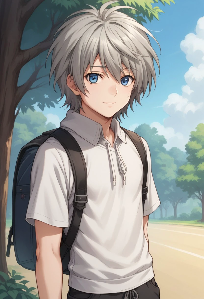 score_9, score_8_up, score_7_up, source_anime, highly detailed, 
shiina, solo, blue eyes, male focus, 1boy, shorts, upper body, grey hair, standing,  looking at viewer, blue eyes, shirt, smile, hoodie, hood, short sleeves, bag, backpack,
outdoor, sky, tree