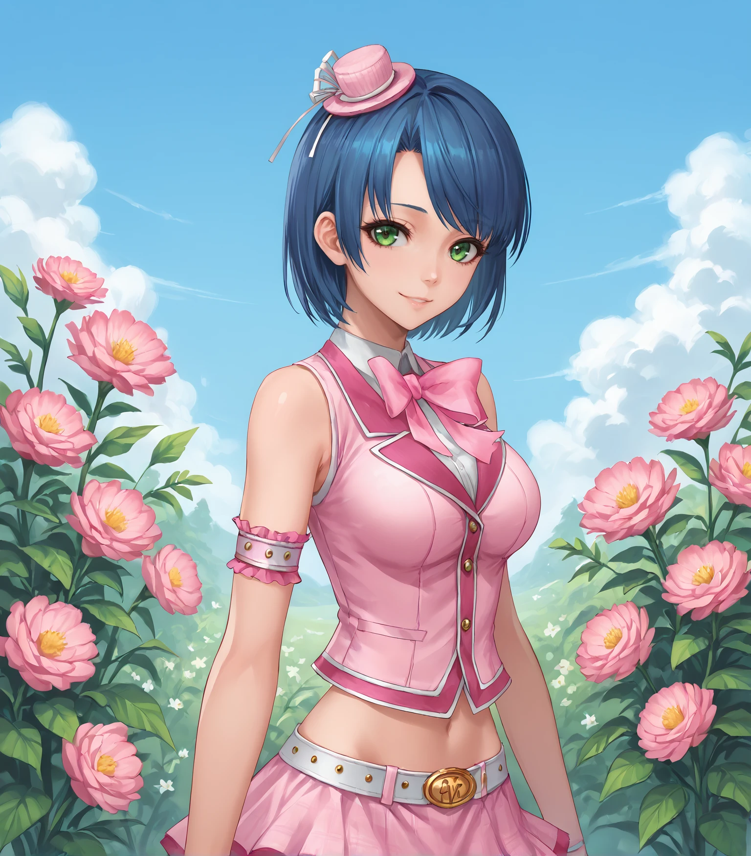 score_9, score_8_up, score_7_up,
1girl, solo, <lora:SaylaIdol:0.9>, Sayla, blue hair, green eyes, large breasts, pink idol clothes, mini hat, pink vest, midriff, pink skirt, thigh belt, arm belt, white boots,,  
outdoors, flowers, plants, sky, 
looking at viewer, upper body, portrait, smile,
<lora:LDART_style_pony_v3:0.7>,, <lora:Racoonkun_Artist_Style:0.4>, racoonsan,,