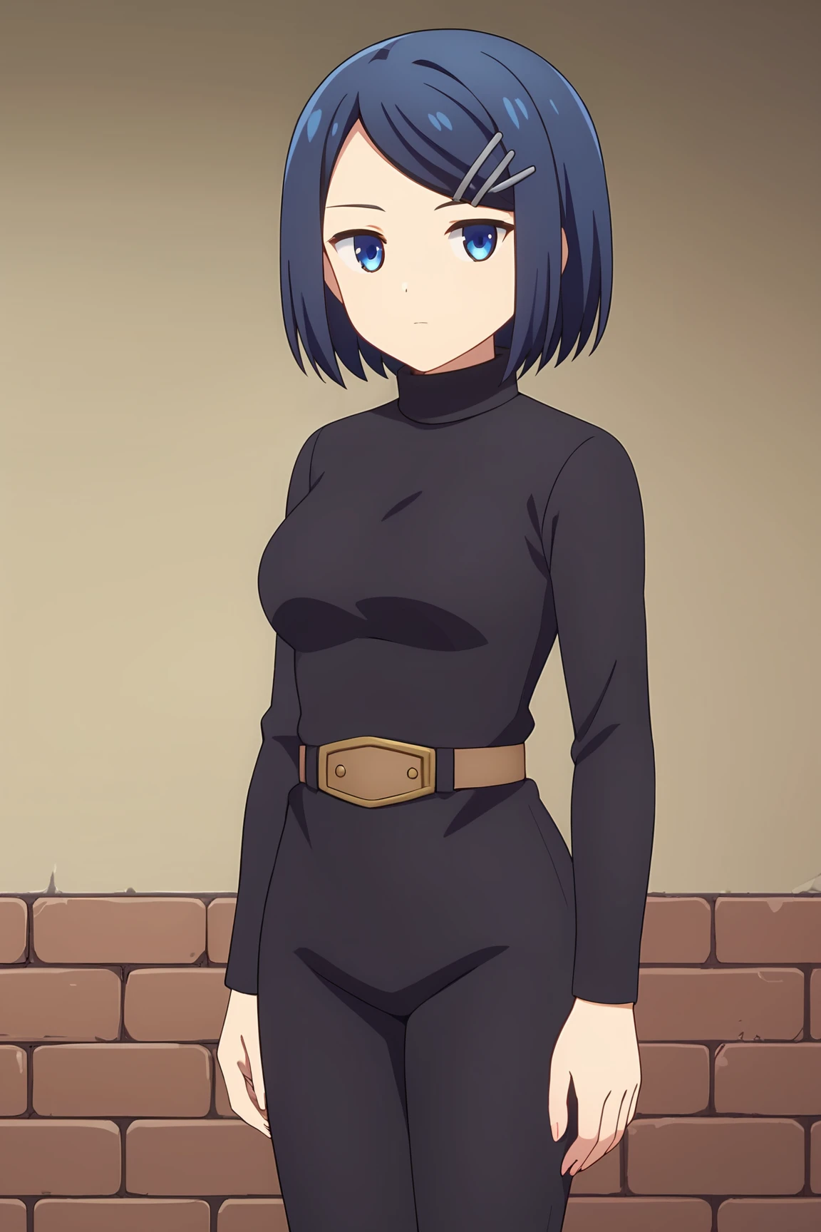 score_9, score_7_up, source_anime, <lora:clay-pony:0.8>, clay_wz, short hair, blue hair, blue eyes, hair ornament, hairclip, breasts, long sleeves, black dress, black pants, brown belt, turtleneck, standing, looking at viewer, expressionless, indoors,room, brick wall,  cowboy shot, anime coloring, <lora:sd_xl_dpo_lora_v1:1>