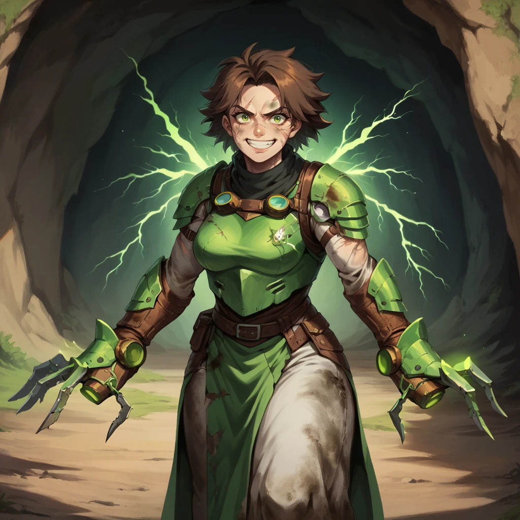 score_9, score_8_up, score_7_up, score_6_up, 2d, anime,
WarlockMaster, humanization, clawed gauntlets,
armor, dirty, dirt on face, brown hair, scars, scorch marks, burnt hair, goggles,
cave, underground, green electricity, green glow,
mature female, voluptuous, solo, grin,
<lora:WarlockMaster:0.85>