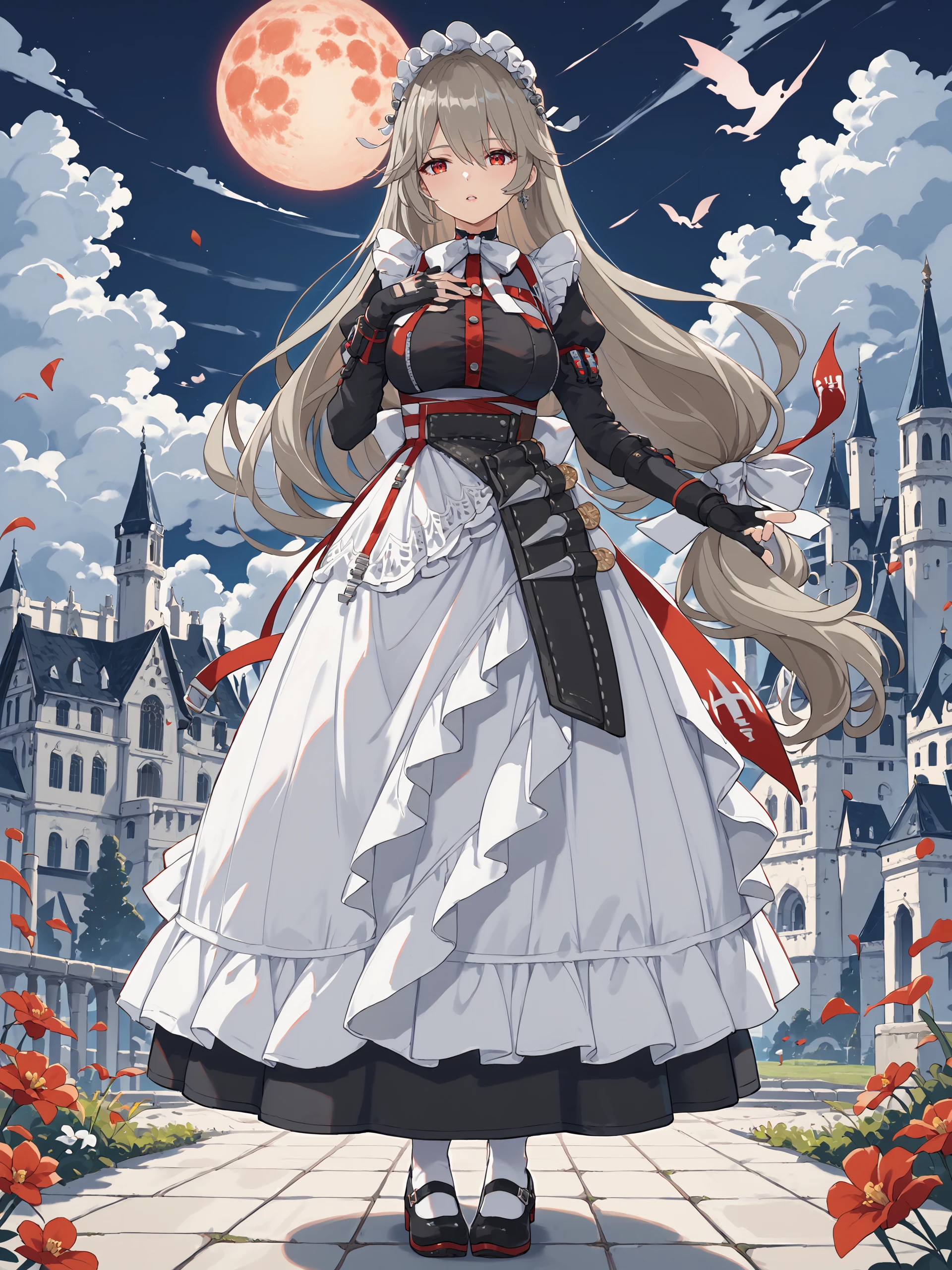 1girl, alexandrina sebastiane, low-tie long hair, hair ribbon, holster, maid headdress, mary janes, black long dress, maid apron, white bowtie, partially fingerless gloves, looking at viewer, parted lips, night sky, full body, (hand on own chest, reaching out:1.2), red moon, cloud, castle, outdoors, ghost, depth of field <lora:Char-ZZZ-AlexandrinaSebastiane-pony-V1:1>, score_9, score_8_up, score_7_up, source_anime