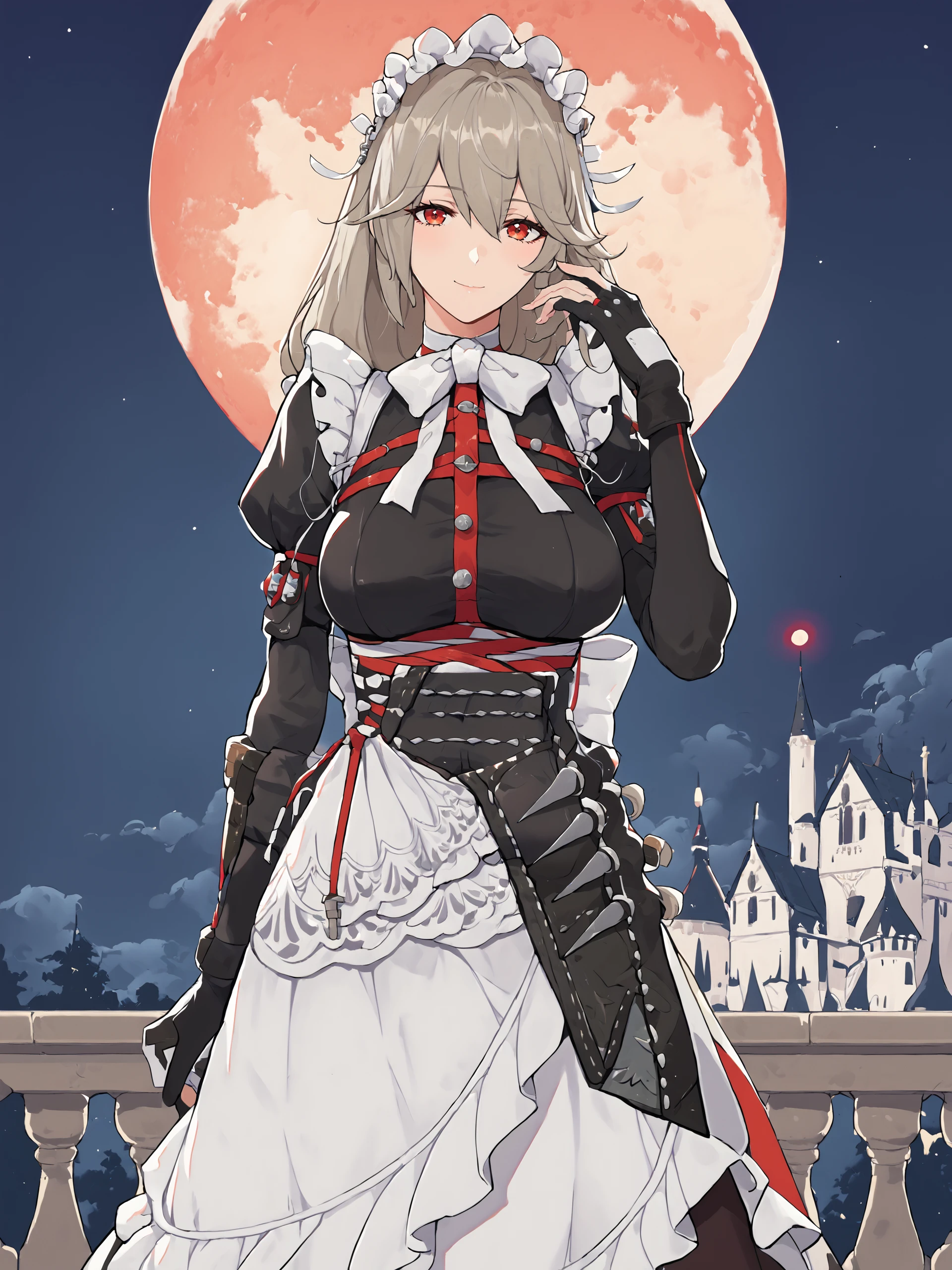 1girl, alexandrina sebastiane, low-tie long hair, hair ribbon, holster, maid headdress, black long dress, maid apron, white bowtie, partially fingerless gloves, (looking at viewer, light smile, hand in own hair), cowboy shot, night sky, red moon, cloud, castle, outdoors, ghost, depth of field <lora:Char-ZZZ-AlexandrinaSebastiane-pony-V1:1>, score_9, score_8_up, score_7_up, source_anime,  <lora:style-laserflip:0.4> <lora:style-odanon:0.4>