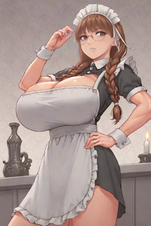 score_9, score_8_up, score_7_up, score_6_up, score_5_up, score_4_up,  BREAK,
 best quality, very aesthetic, ultra detailed),intricate details,4k,stunningly beautiful, ultra detailed, masterpiece , huge breasts,  <lora:sd_xl_turbo_lora_v1:1>    shiny skin, detailed face, makeup, beautiful woman,   zPDXL, source pony,  beautiful eyes, thick, shiny clothes, abs,  8 pack abs, muscle, 
1girl 
<lora:ToukaKunugi:0.8> (ToukaKunugi, long hair,braid, twin braids) (brown hair) (monochrome, greyscale) 
ToukaKunugi, 1girl, solo, gigantic  breasts, cleavage, glasses, apron, hand on hip, maid, maid headdress, clothing cutout, cleavage cutout, adjusting eyewear, halftone, 
thick thighs, cute smile, 
cute, looking at viewer, ,️a muscular woman,ground level shot,back view, medium full shot seen from below,2300's,with the abstract expressionism of jackson pollock,Monochrome Black and white contrast tone texture detailed,style by Elliott Erwitt,style by Ernesto Neto,style by Yousuf Karsh,detailed masterpiece most beautiful artwork in the world Ultrarealistic,Sony A7,Candle light,Split Tone,Fill Lighting,Cinestill 800T,Pentax 645Z Digital