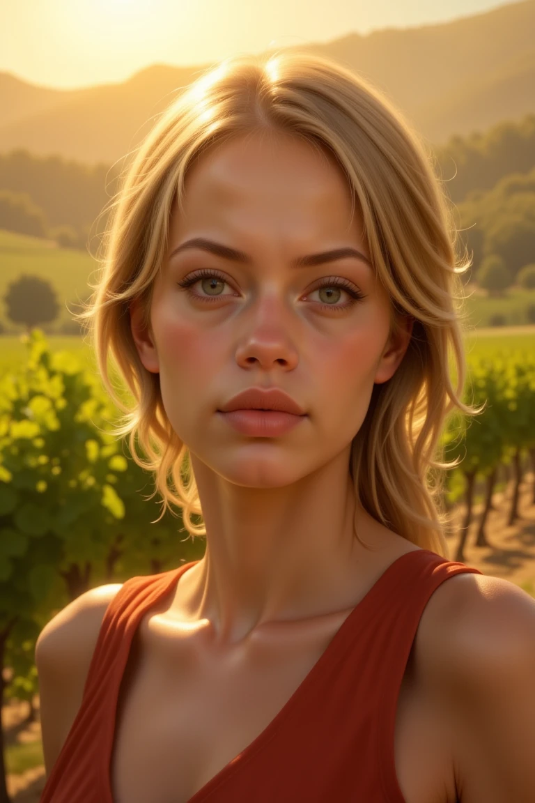 Guin, Portrait, looking shy, prudish, focus on eyes, simple background, sunrays, realistic, photorealistic, afternoon light, vineyards