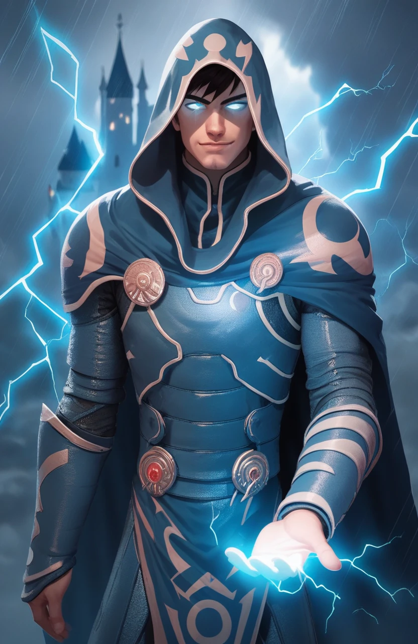 score_9, score_8_up, score_7_up, 
1boy, male focus, solo, <lora:Jace_Beleren_PONYXL_-_Magic_the_Gathering:1>, hood, cape, glowing eyes, blue eyes, glowing hand, blue hand, cloak, black hair, armor, looking at viewer, smug, 
standing, 
<lora:Smooth Anime 2 Style SDXL_LoRA_Pony Diffusion V6 XL:0.8>
depth of field, blurry background, blurry foreground, smokey, foggy, storm clouds, lightning, castle,