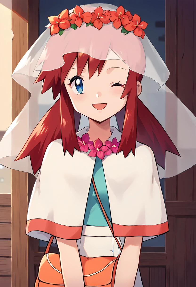 score_9, score_8_up, score_7_up, masterpiece, source_anime 1girl, ct_melody, blue eyes, red hair, twintails, flower wreath, flower necklace, veil, cyan tank top, capelet, white high-waist skirt, handbag, indoors, wooden wall, looking at viewer, cowboy shot, one eye closed, happy,<lora:Melody_Pony_ct:1>