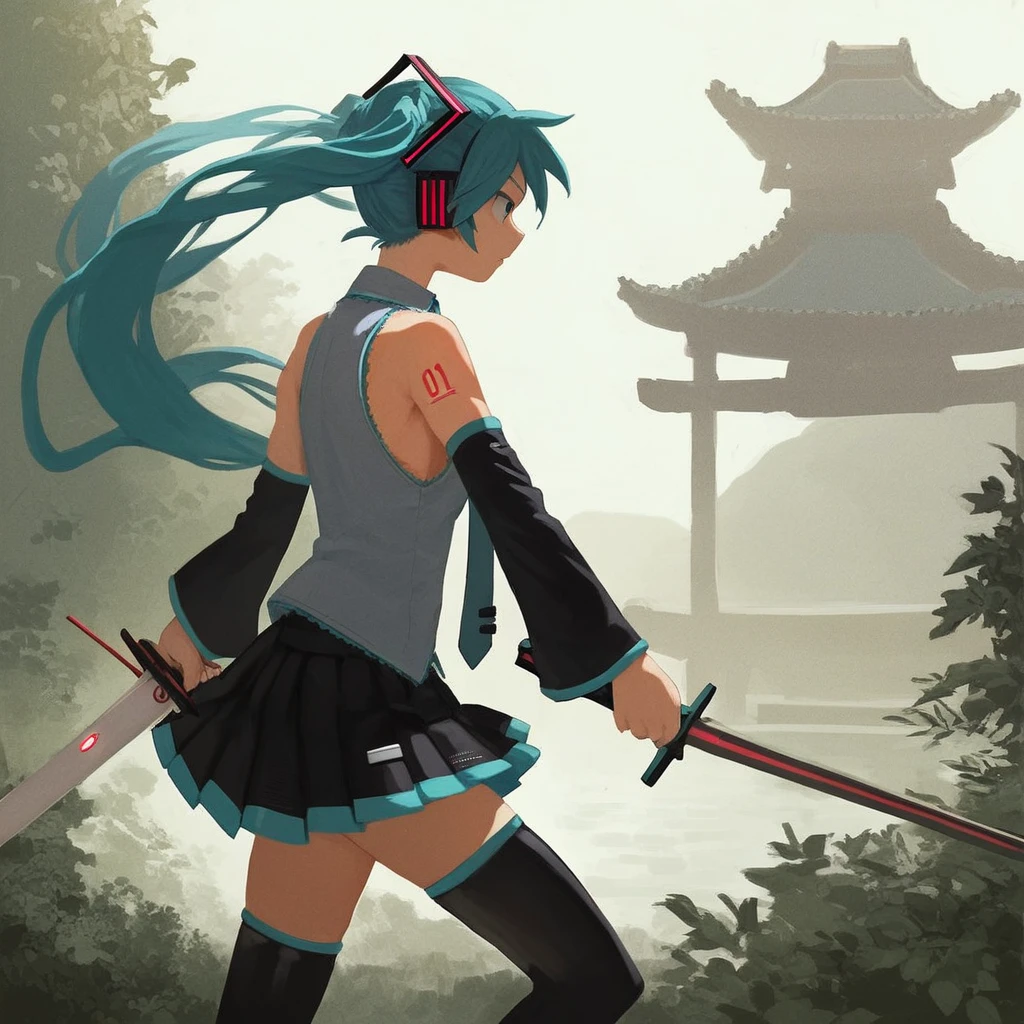 score_8, score_8_up, score_7_up, score_6_up, source_anime, BREAK, 1girl, solo, female focus, alber_guard, bokken, fighting stance, sword, holding, two-handed sword, from left, from side, right foot forward, hatsune miku, twintails, blue hair, necktie, skirt, thighhighs, sleeveless, sleeveless shirt, detached sleeves, collared shirt, pleated skirt, outdoors, japanese architecture