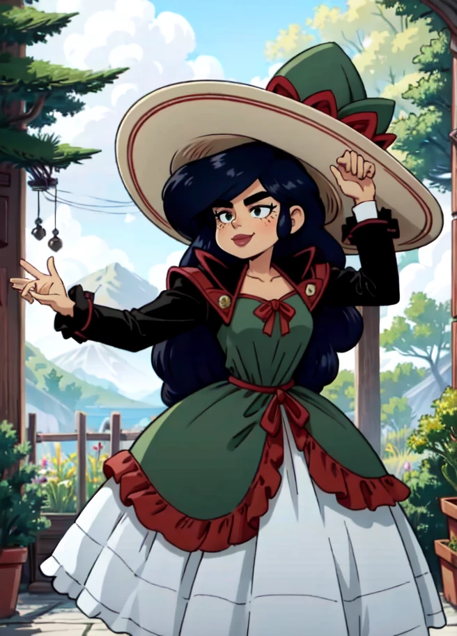 [masterpiece], 1girl, solo, <lora:Xochi:1>, xochi, traditional dress, Hispanic dress, frilly dress, large sombrero, dancing, smile, full body,