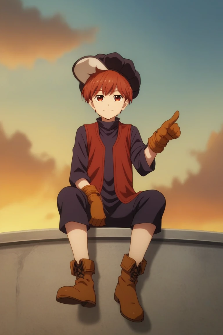 score_9, score_8_up, score_7_up, score_6_up, masterpiece, best quality, amazing quality, best aesthetic, absurdres, intricate details, near, red hair, red eyes, black hat, black shirt, red vest, 1boy, male focus, solo, gloves, smile, sitting, hat, brown gloves, sky, pointing, vest, looking at viewer, cloud, boots, closed mouth, black pants, brown shoes<lora:EMS-462666-EMS:1.000000>