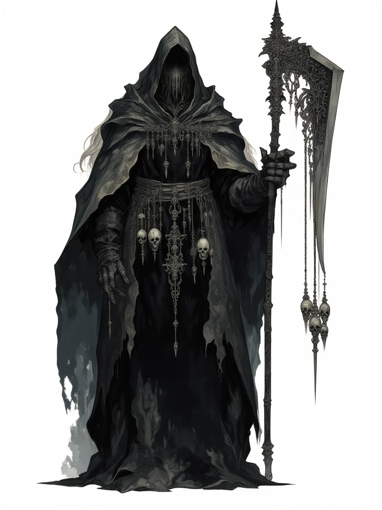 AmanoER, Character design ref sheet of a grim reaper. He has a flowing black robe and a hood over his head, he wears a skull mask over his face and wields a scythe with skulls on strings