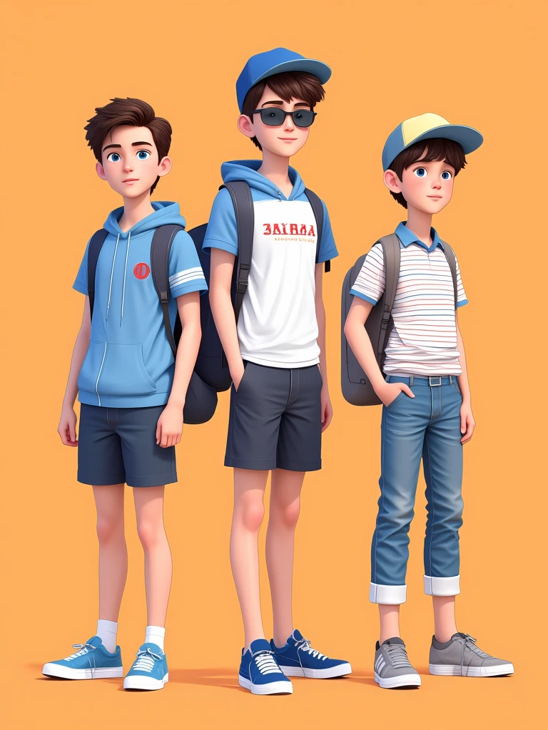 looking at viewer, blue eyes, simple background, shirt, brown hair, hat, closed mouth, male focus, short sleeves, multiple boys, shorts, shoes, glasses, pants, belt, hood, striped clothes, bag, hoodie, sunglasses, backpack, 3boys, sneakers, t-shirt, baseball cap, blue headwear, blue footwear, striped shirt, orange background