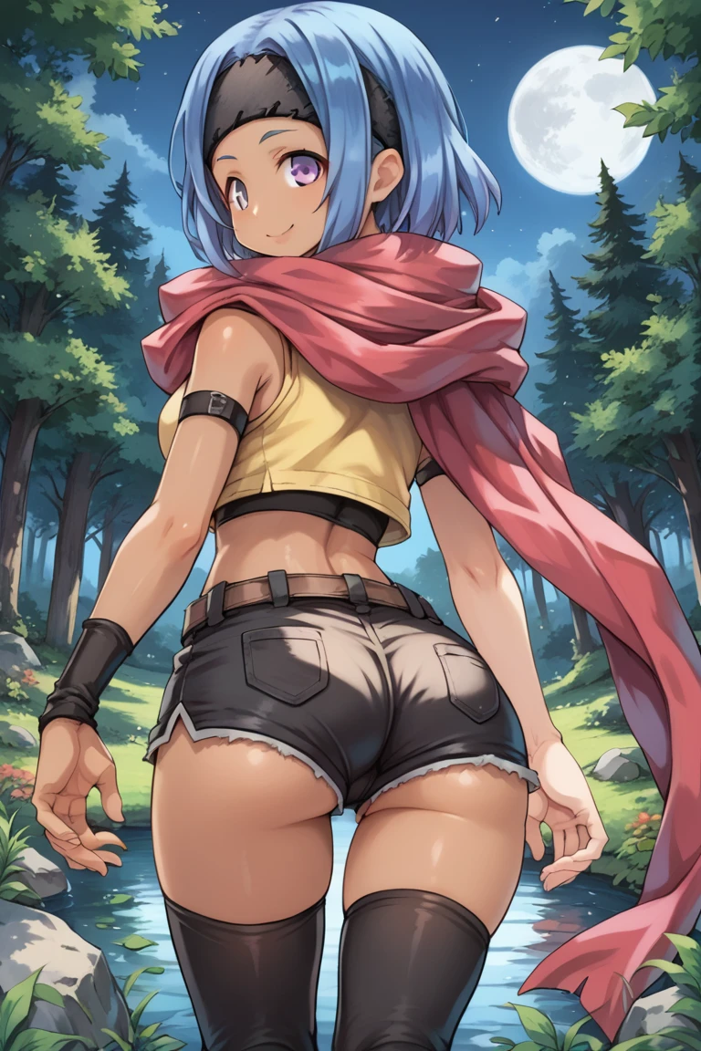 (score_9, score_8_up, score_7_up, score_6_up), source anime, BREAK, solo, <lora:Elena:0.70> eledef, dark skin,1girl, purple eyes, short hair, blue hair, red scarf, headband, yellow crop top, midriff, (single gauntlet), black shorts, thighhighs, mismatched legwear, asymmetrical legwear, cowboy shot, night, exterior, forest, trees, moon, closed mouth, smile, from behind, ass, large ass, ass focus, smile, looking back, looking at viewer, <lora:zy_Detailed_Backgrounds_v1:0.5> , detailed background, highly detailed,   <lora:backgroundsetXL:0.4> , background,  <lora:m4gXLP:0.6> , m4g,