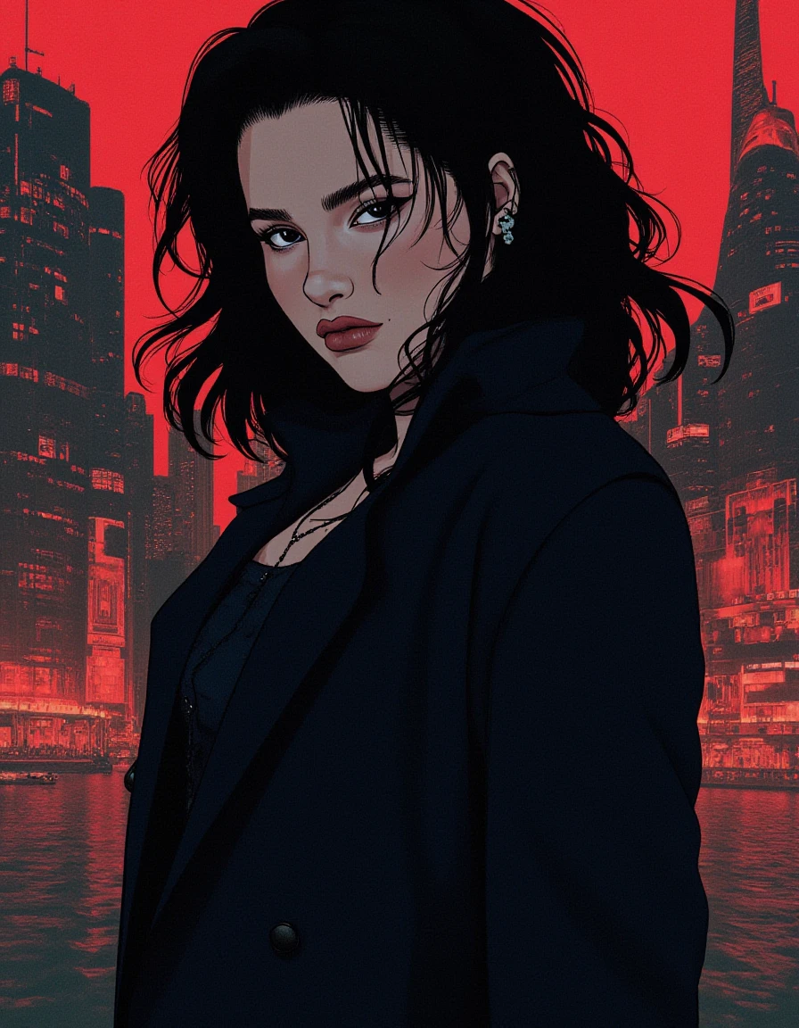 Retro 90s Anime style illustration)) drawing of a closeup on face of woman wearing a long black trench-coat futuristic city in the background in the style of the 90s anime Akira.  <lora:Jules_LeBlanc_FLUX_V1-000061:1>