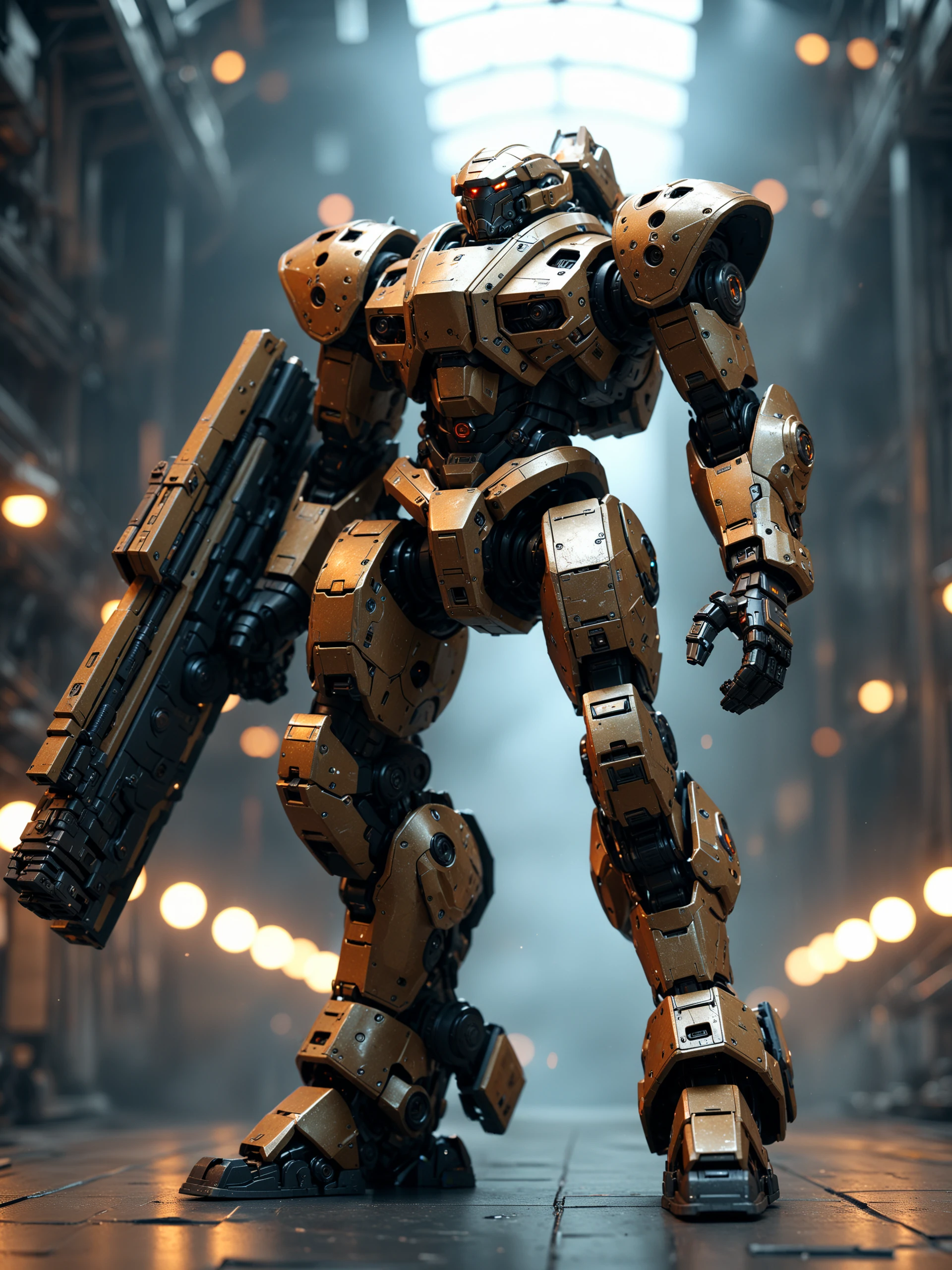 professional 3d model of A giant mecha stands in the space station,mecha armor,a stylish mech,long legs,glowing eyes,(full body:1.2),mechanical parts,robot joints,(holding huge weapon:1.5),(huge mechanical shield:1.2),best quality,masterpiece,highly detailed,ultra-detailed,(huge mechanical weapon:1.3),(detailed weapon:1.2),(huge mechanical gun:1.2),<lora:srdxl_v2_7_5a7:0.5>, octane render, highly detailed, volumetric, dramatic lighting,<lora:WildcardX-XL-Detail-Enhancer>