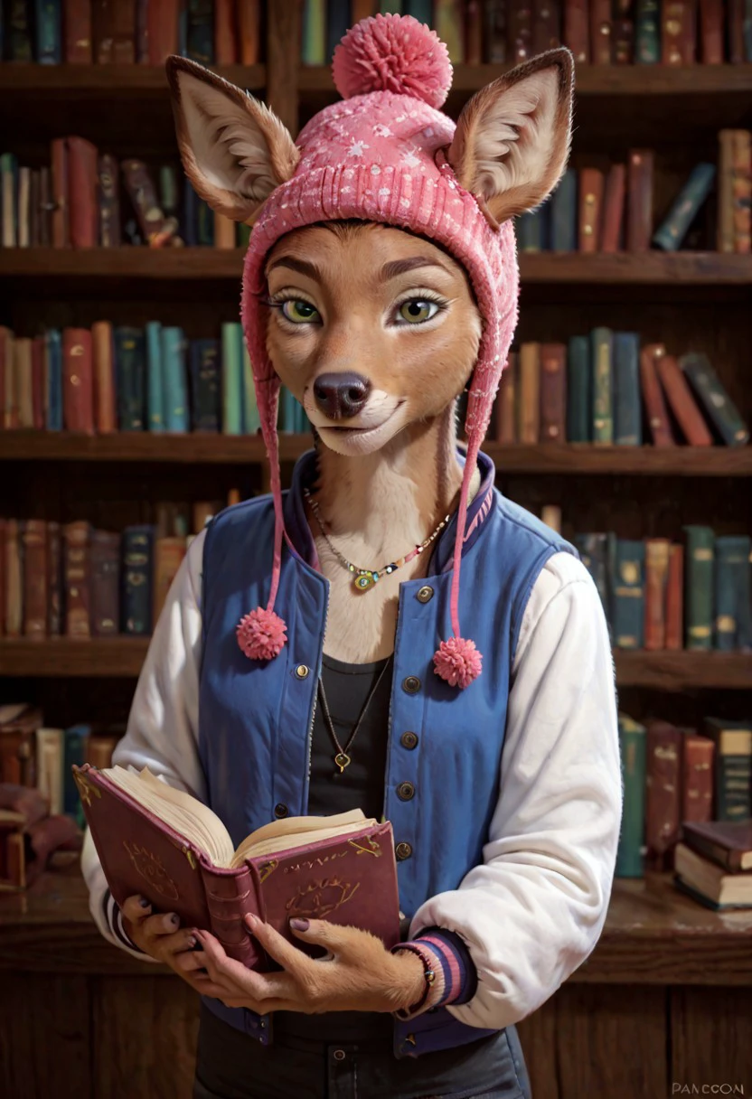 score_9, score_8_up, score_7_up, Penny Carson, 1girl, deer girl, solo, brown hair, green eyes, animal ears, furry female, jacket, pink hat, library, holding books, smile, jewelry, looking at viewer