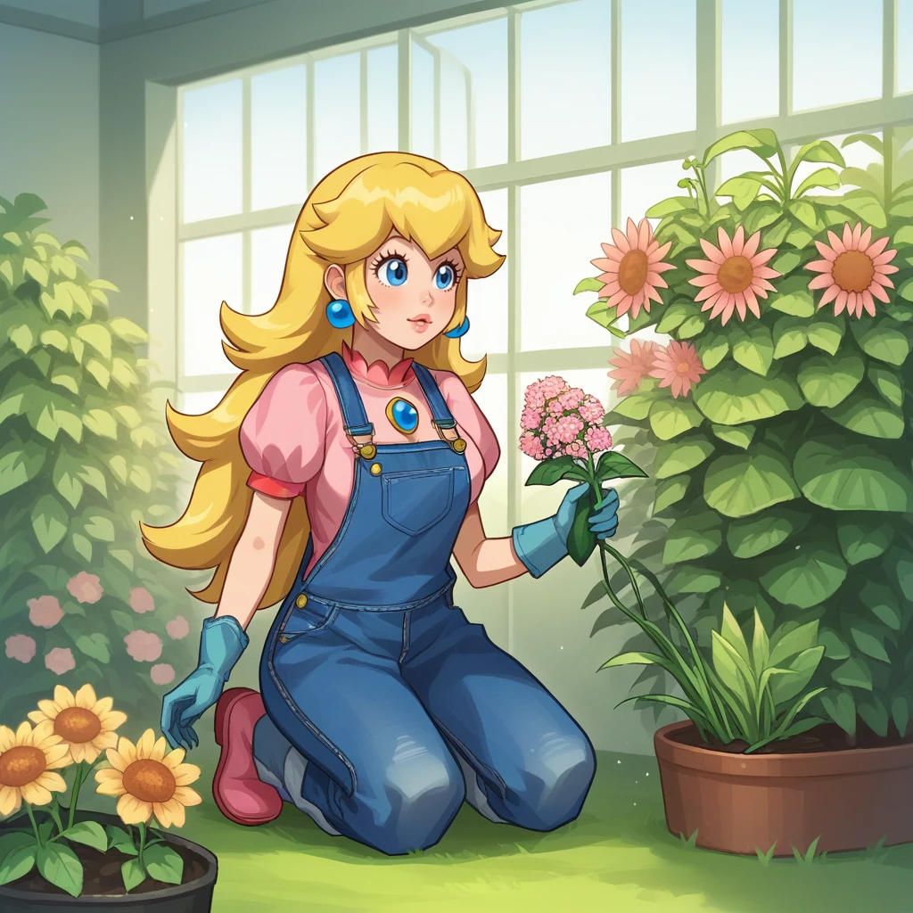 score_9, score_8_up, score_7_up, score_6_up, score_5_up, score_4_up, zPDXL2,source_anime,rating_questionable, 1girl, princess peach, kneeling, denim overalls, gardening gloves, <lora:Greenhouse:0.8> gr33nhouse, greenhouse,plant, window, day, flower,