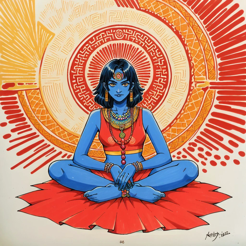 traditional media,Score_9,score_8_up, score_7_up, score_6_up,( random scenareo:1.2),bpb_zen,1girl,solo,hindu robes,looking at viewer, medium hair, yoga pose,Indian deity Shiva, blue skin, beads, (abstract background:1.2), Shiva, Lord Shiva, meditation, cowboy shot, light and shadow, contrast, tracing the rays of light, third eye, sitting floating