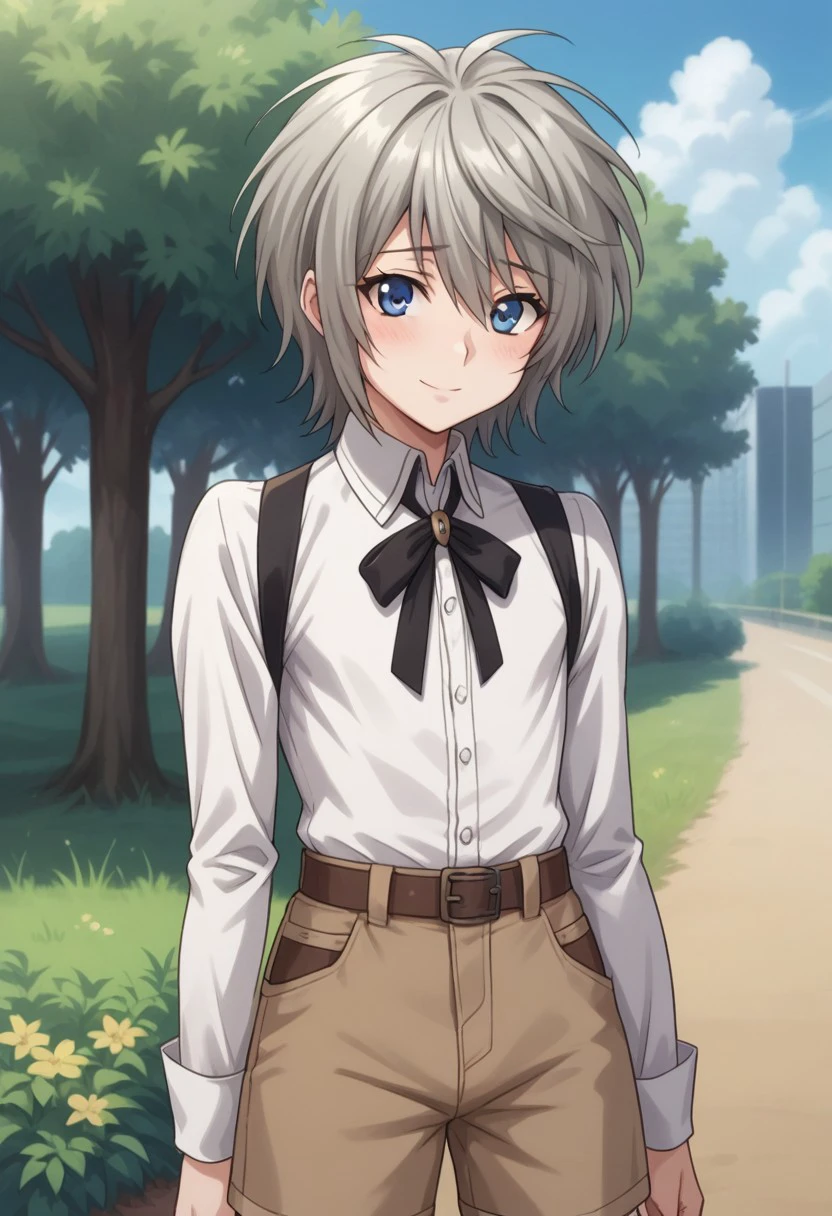 score_9, score_8_up, score_7_up, source_anime, highly detailed, 
shiina, solo, blue eyes, male focus, 1boy, shorts, upper body, grey hair, standing, long sleeves, looking at viewer, androgynous, brown shorts, ribbon, neck ribbon, blue eyes, shirt, white shirt, smile, shy, blush,
outdoor, sky, tree