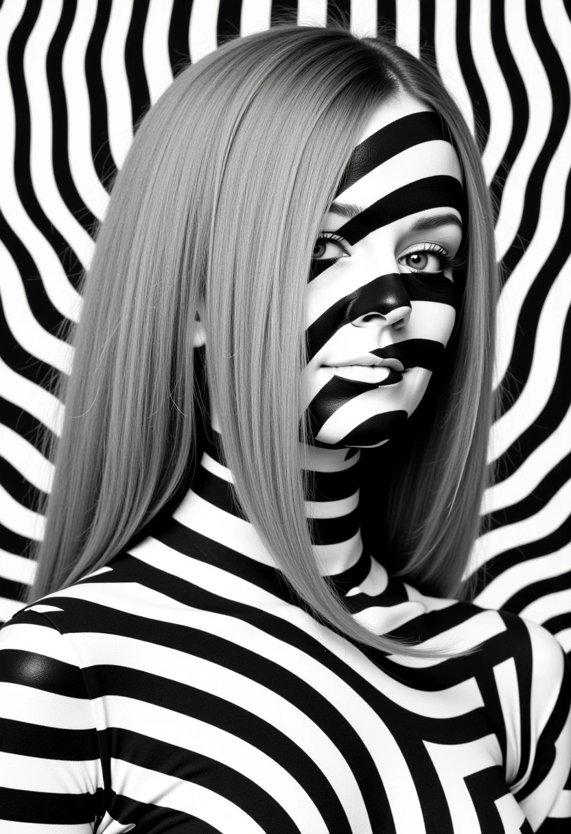 Monochrome greyscale pop surrealism, Pop Art, minimalism, grignani, Closeup Portrait, An Abstract surreal n Abstract surreal black and white simple painted newage cyborg spacegirl with long vibrant hair throughout the frame made.of lines, monochrome high collar, blushed smiling, in Outer space, made of lines, vertical lines, horizontal lines, Portrait Made of intertwining lines, weaving over and under each other throughout the frame, emphasis effect, moire effect, awash in Grey and white shades, seamlessly extends the lines