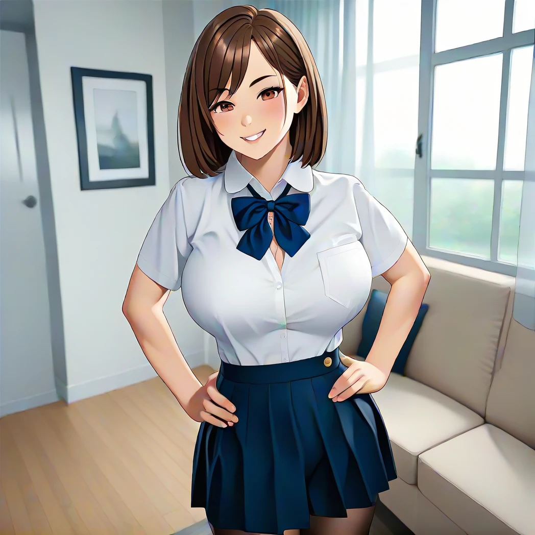 score_9, score_8_up, score_7_up, score_6_up, score_5_up, score_4_up, <lora:ZondaStyle:1>,   nobara_v1, school uniform, 1girl, brown hair, short hair, brown eyes, looking at viewer, smile, large breasts, hands on hips, indoors, couch, table, window, curtains,