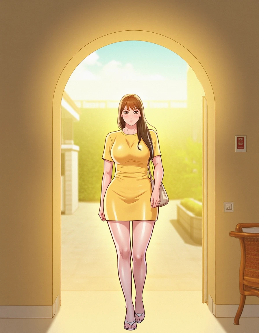 a woman in a yellow dress is walking through an archway into the sunlit courtyard of her home, 1girl, solo, long hair, breasts, looking at viewer, blush, bangs, large breasts, brown hair, shirt, dress, brown eyes, standing, full body, short sleeves, outdoors, shoes, bag, handbag, shoulder bag, door, yellow dress
<lora:webtoon_flux-v0.80_000075500:0.8>