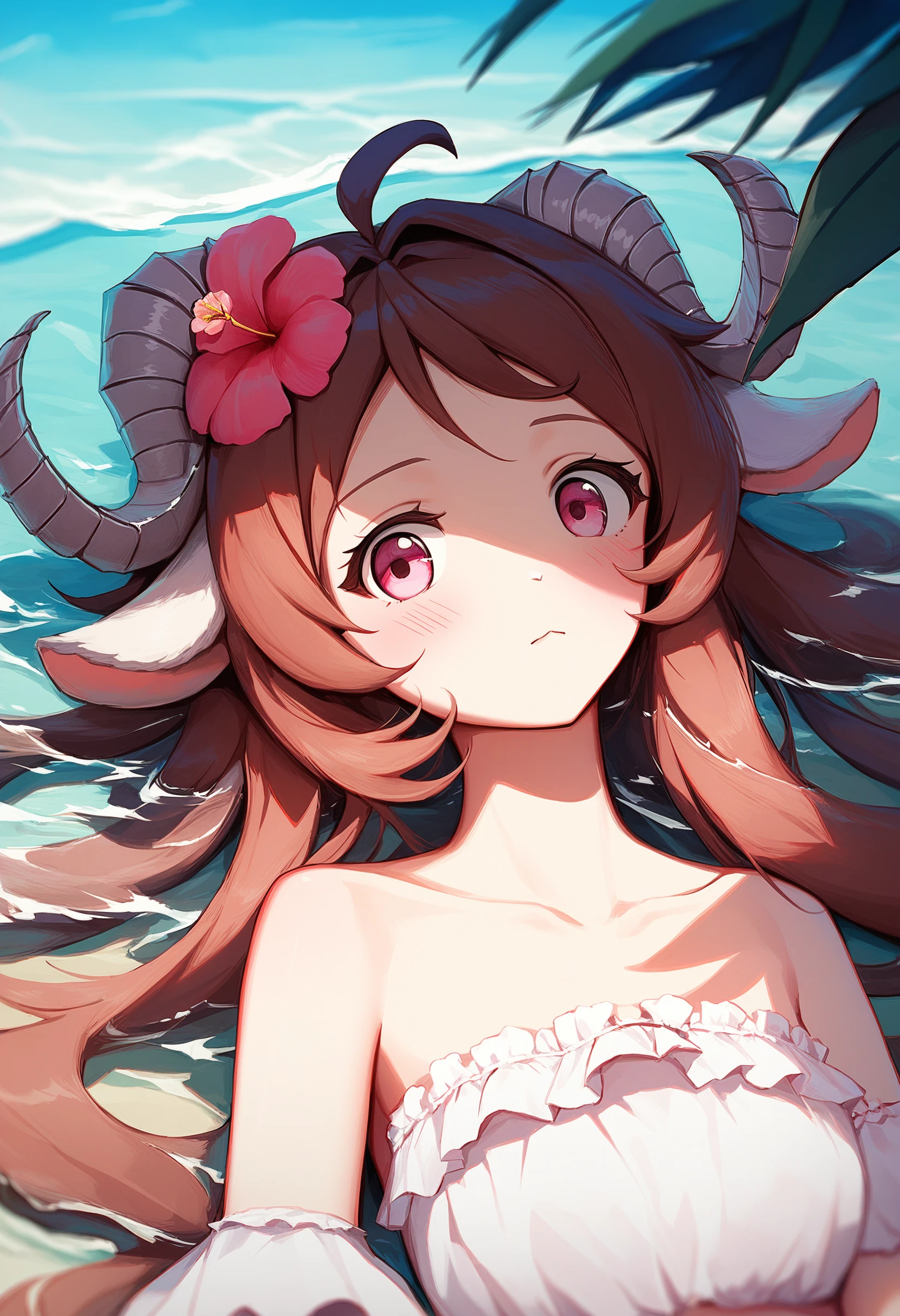 eyjafjalla, sheep girl, thin sheep horns, 1girl, solo, hair ornament, hair flower, brown hair, long hair, looking at viewer, blush, water, sheep ears, upper body, collarbone, pink flower, closed mouth, ahoge, pink eyes, hibiscus, bare shoulders,
beach, outdoors,
lying, on back,
score_9, score_8_up, score_7_up, score_6_up, source_anime, masterpiece, best quality, very aesthetic
<lora:monmusu_superlora_v1:1>