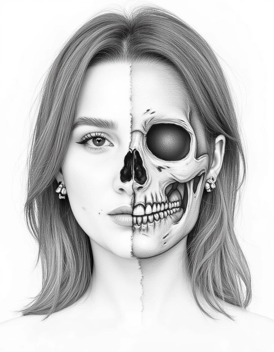 Detailed realistic drawing of the face of a woman facing the viewer but the left half of her face is skull while the right side of her face is normal. She has no hair on the left side of her face only a skull and also her eye-socket is hollow on the left side.   <lora:Jules_LeBlanc_FLUX_V1-000061:1>