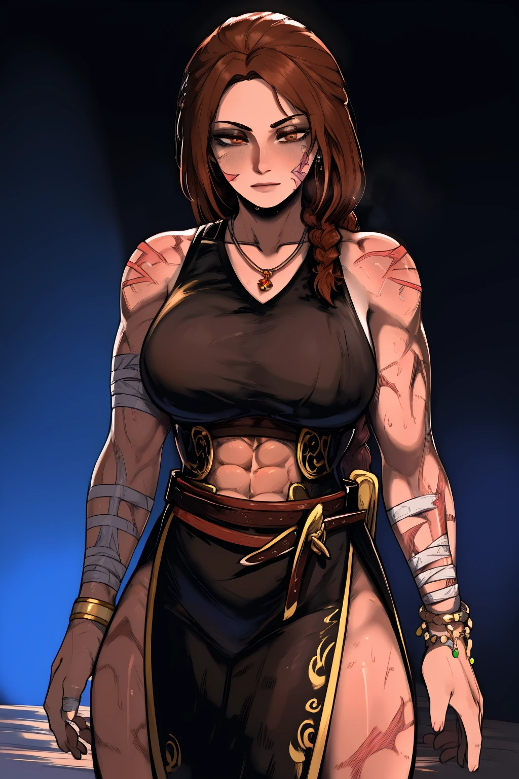 Best_QualityPos, RAW photo, intricate details, best quality, 8k uhd, soft lighting, 1girl, solo, gowfreya, bandages, bandaged arm, brown eyes, long hair, brown hair, braid, tattoo, arm tattoo, shoulder tattoo, sleeveless, armor, sword, jewelry, necklace, bracelet, abs <lora:gowfreya:0.5> <lora:mouth_slider_v1:-3> <lora:masoq095:1> , masoq095