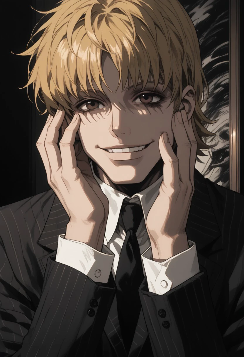 score_9, score_8_up, score_7_up, source_anime, rating_explicit, monochrome, hand on face, ParistonHXH, blonde hair, brown eyes, 1boy, male focus, suit, business man, shaded face, evil smile, hand with five fingers, abstract art, flat color, dark theme, sinozick style, realistic shading, horror (theme),