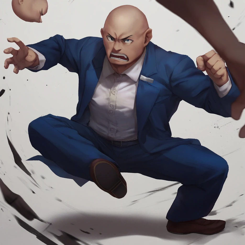 Score_9, score_8_up, score_7_up, ps1 graphics, 1boy, bald, blue suit, fighting pose